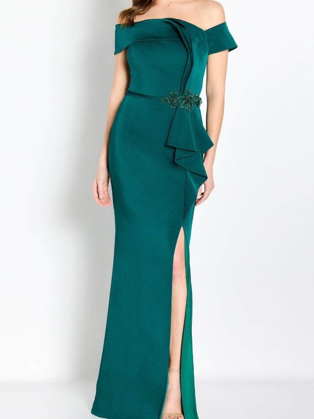 NWT Cameron Blake CB761 Draped Off Shoulder Formal Gown Emerald size 4